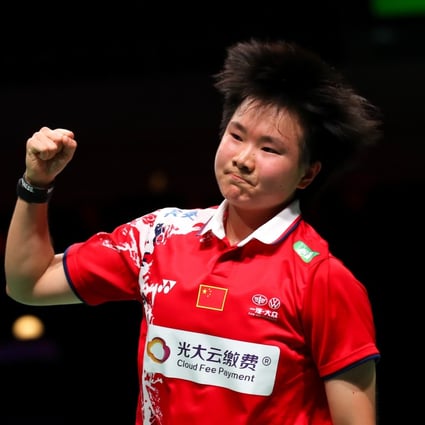 He Bingjiao of China reacts in the women's singles match against Hung Yi-ting of Taiwan during their quarter-final match at the Uber Cup badminton tournament in Aarhus, Denmark. Photo: Xinhua