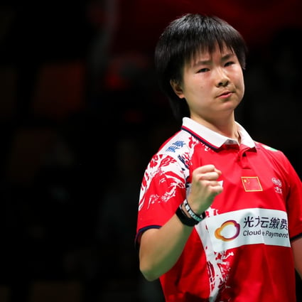 He Bingjiao of China reacts during the women's singles match against Pornpawee Chochuwong of Thailand during their Uber Cup semi-final match. Photo: Xinhua