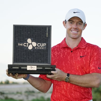 Rory McIlroy of Northern Ireland celebrates after winning the CJ Cup golf tournament at the Summit Club in Las Vegas, Nevada, on Oct. 17, 2021. (Kyodo) ==Kyodo