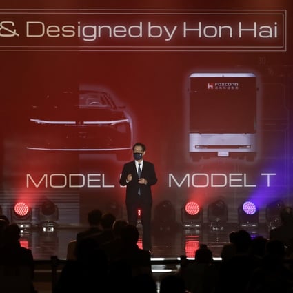 Young Liu, chairman of Foxconn Technology Group, also known as Hon Hai Precision Industry, speaking during the launch of the company’s Foxtron electric vehicle line-up during the Hon Hai (Foxconn) Tech Day in Taipei on 18 October 2021. The Foxtron line-up comprises the Model C sedan, Model E sports-utility vehicle and Model T commuter bus. Photo: EPA-EFE