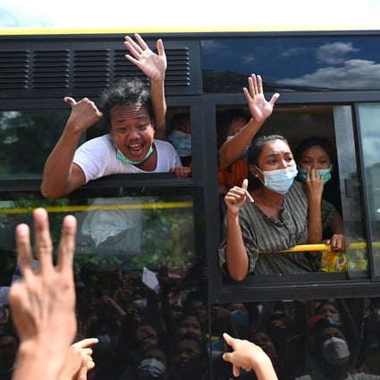 Former detainees of Insein Prison celebrate their release on Tuesday. Photo: AFP
