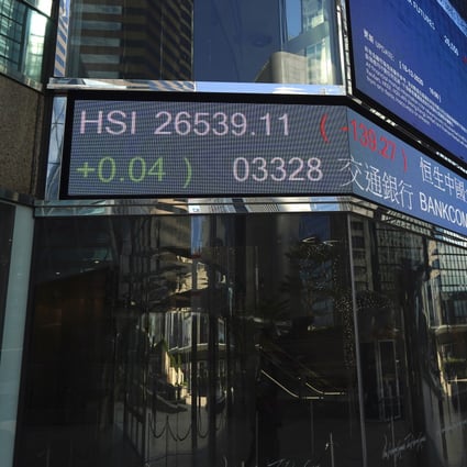 An electronic board showing the Hang Seng Index near the Exchange Square in Central, Hong Kong in December 2020. Photo: AP