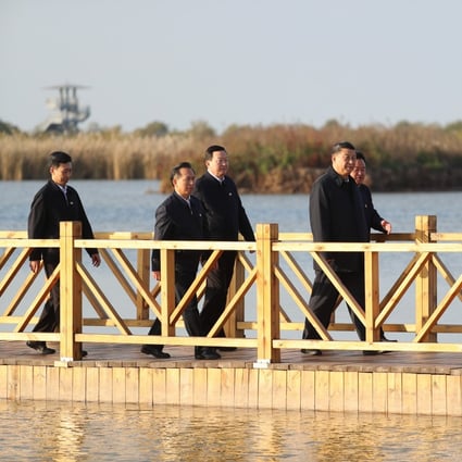 Chinese President Xi Jinping tours a conservation site in the Yellow River Delta on Thursday. Photo: Xinhua