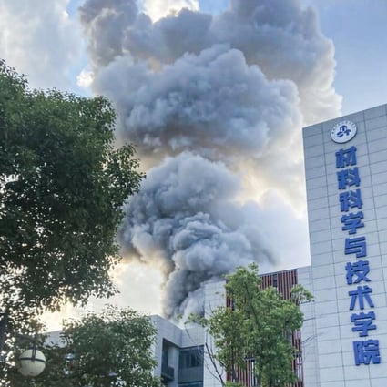 Smoke was seen billowing from the lab following the blaze. Photo: Weibo