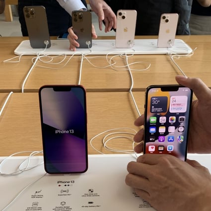 The new iPhone 13 line is displayed inside the Apple Store at IFC Mall in Central on September 24, 2021. Apple’s flagship device continued to drive the company’s sales in Greater China, despite supply chain constraints. Photo: May Tse