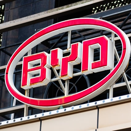 Chinese electric vehicle and battery maker BYD’s logo as seen in Shenzhen. Photo: SOPA Images/LightRocket via Getty Images