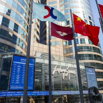 Flags are raised outside Exchange Square, home to Hong Kong stock exchange. Photo: Robert Ng