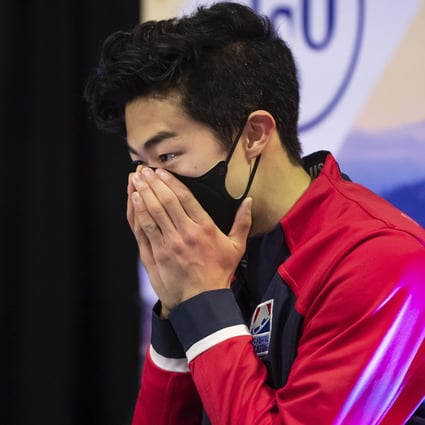 Nathan Chen reacts to his scores after performing his free programme during the Skate Canada figure skating event. Photo: AP