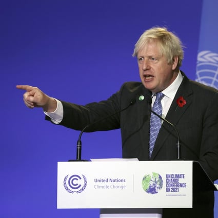 Britain‘s Prime Minister Boris Johnson delivers a speech during the opening ceremony of the COP26 UN climate summit in Glasgow on Monday. Photo: AP