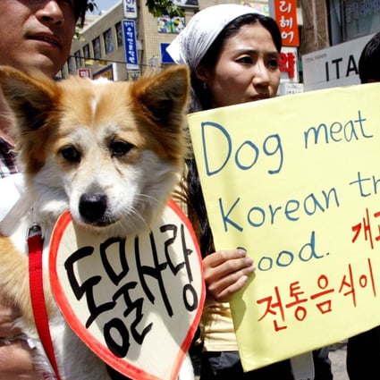 Activists in Seoul protest against South Korea’s culture of eating dog meat. File photo: AP