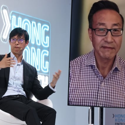 David Liao (left), HSBC’s co-CEO for Asia-Pacific, and Joseph Tsai, executive vice-chairman of Alibaba Group Holding, speak during a panel at the 2021 Hong Kong FinTech Week. Photo: K.Y. Cheng