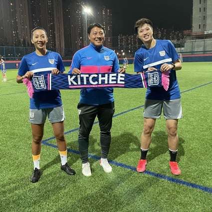 New faces for Kitchee women’s, coach Cheung Po-chung and players Chun Ching-hang (left) and Cheung Wai-ki. Photo: Chan Kin-wa