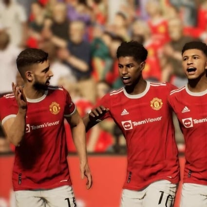 Manchester United players Bruno Fernandes, Marcus Rashford, Jadon Sancho and Raphael Varane pictured in the Konami video game eFootball 2022. Image: Konami