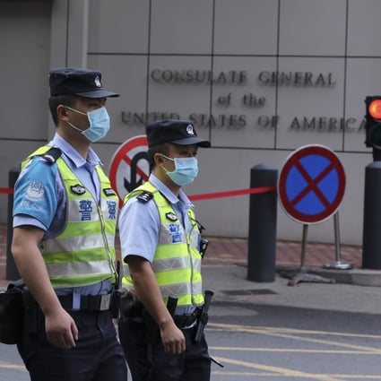 Chinese police stand guard outside the US consulate in Chengdu in July 2020. Photo: Simon Song