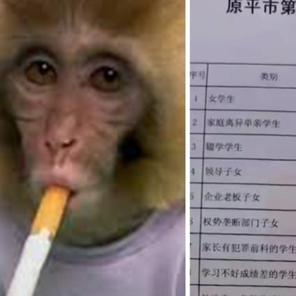 An anti-smoking campaign using a monkey has backfired, while a school in northern China is in hot water after a list ranking students based on their parent’s wealth and status was leaked. Photo: SCMP artwork.
