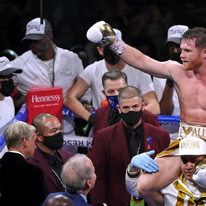 Canelo Alvarez celebrates his 11th round technical knock out win against Caleb Plant after their championship bout for Alvarez's WBC, WBO and WBA super middleweight titles and Plant's IBF super middleweight title at MGM Grand Garden Arena in Las Vegas. Photo: AFP