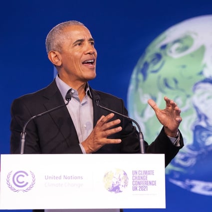 Former US President Barack Obama speaks during the COP26 UN Climate Summit in Glasgow, Scotland, on November 8. The summit is in its second week with leaders from around the world gathered to try to address the common challenge of global warming. Photo: AP