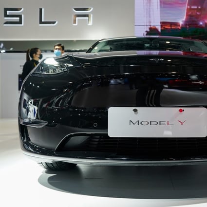 A Tesla Model Y is displayed at the China International Import Expo in Shanghai. Tesla’s booth has attracted a large number of visitors during the event. Photo: Xinhua