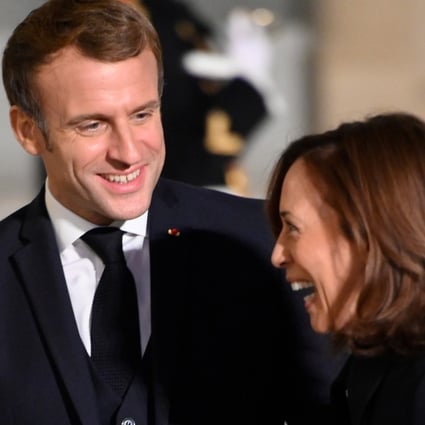 French President Emmanuel Macron welcomes US Vice-President Kamala Harris before their meeting at the Elysee Palace on Wednesday. Photo: Le Pictorium Agency via DPA
