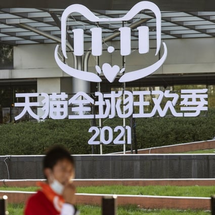 A sign promoting Alibaba Group Holding’s 11.11 Singles’ Day online shopping event at the company’s headquarters in Hangzhou on Wednesday. Photo: Bloomberg