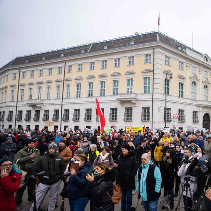 Anti-vaccination demonstrators protest in Vienna, Austria on Sunday. A nationwide lockdown began on Monday for those not vaccinated against Covid-19 or recently recovered, as the EU member fights a record surge in cases. Photo: AFP