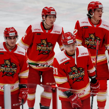 Kunlun Red Star players take to the ice for their KHL match against Amur Khabarovsk in Mytishchi. Photo: Reuters