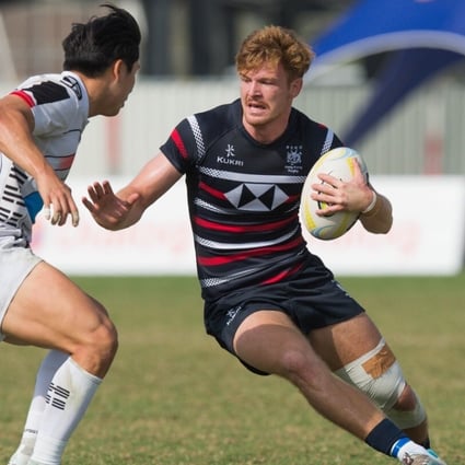 Hong Kong men's player Liam Herbert on his way to scoring the first try against South Korea in the Asia Rugby Sevens Series. Photo: Asia Rugby