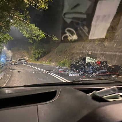 The wreckages of three vehicles involved in an accident on Bride's Pool Road, in Tai Po, in Hong Kong. Photo: Facebook