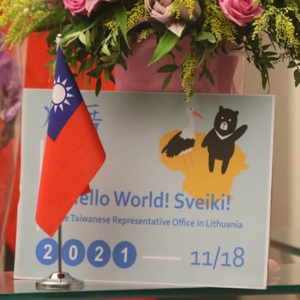 A Taiwanese flag sits on a desk at the reception of its representative office in Vilnius, Lithuania, which opened on November 18. Photo: EPA-EFE