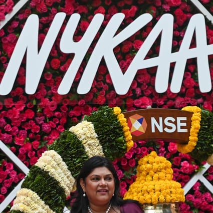 Falguni Nayar, managing director and CEO of Nykaa, attends the company's IPO listing ceremony at the National Stock Exchange in Mumbai. Photo: AFP