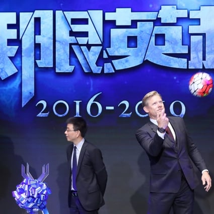 (L-R) English Premier League Chief Executive Richard Scudamore; CEO of Le Sports Lei Zhenjian; Danish retired goalkeeper Peter Schmeichel; and CEO of Le Sports in Hong Kong Cheng Yizhong, attend Letv Sports press conference announcement of their broadcast rights of English Premier League at the Crowne Plaza Hong Kong Kowloon East in Tseung Kwan O. Photo: K.Y. Cheng