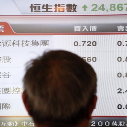 A man looking at a screen showing stock market at a bank in Tai Wai, Hong Kong . Photo: Felix Wong