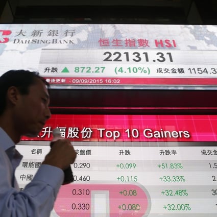 A man walks past an electronic screen showing the Hong Kong stock market. Photo: Sam Tsang
