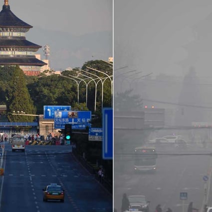 First you see it, now you don’t: two photographs of Beijing’s the Hall of Prayer for Good Harvests of the Temple of Heaven in June (left) and last Tuesday. Photos: Xinhua