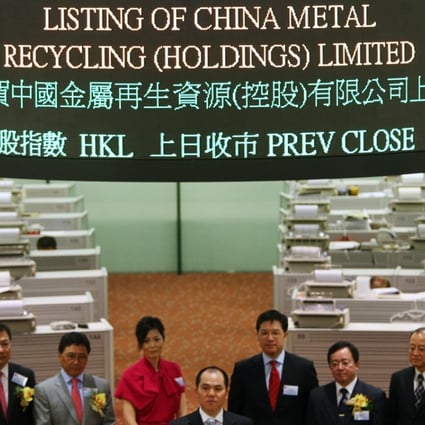 Chun Chi-wai (centre front) at China Metal Recycling’s listing ceremony in June 2009 following its HK$1.55 billion initial public offering. Photo: Ricky Chung
