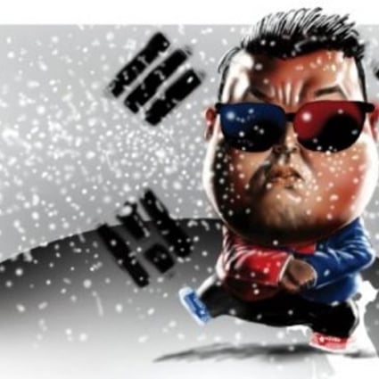 A caricature of South Korean singer Psy is shown against his national flag, the T’aegukki. Psy’s ‘Gangnam Style’ helped put K-pop on the world map after it went viral on YouTube in 2012, but it is the leggy girl groups and makeup-caked boy bands that have fuelled most of the genre’s success. Now Ali Music wants in on the action. Illustration: Stephen Case