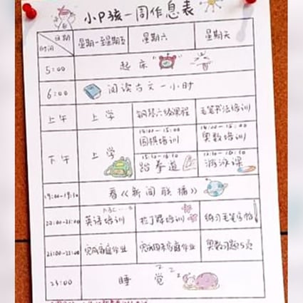 A copy of the schedule, drawn up by a Chinese ‘tiger mum’ for her son, aged nine, which makes him study for 18 hours a day. Photo: SCMP Pictures