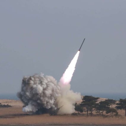 A picture released earlier this month by the North Korean news agency of the test of a rocket launch system. Photo: EPA