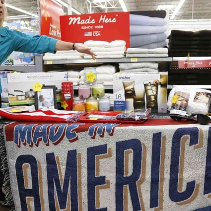 A selection of merchandise made in the US for sale at a Walmart store in Arkansas. The company says it is "leading an American renewal in manufacturing" and "bringing jobs back to the US" with a pledge to buy an additional US$50 billion in US-made goods over the next 10 years. Photo: Reuters
