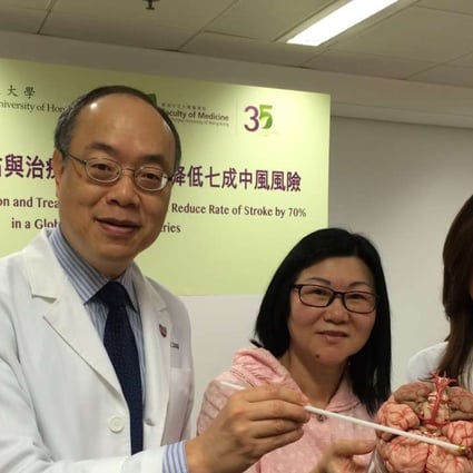 Chinese University neurology division head Professor Lawrence Wong Ka-sing (left) and chief of stroke service Dr Yannie Soo Oi-yan (right) with mini-stroke patient Chan Lee-hing. Photo: Elizabeth Cheung