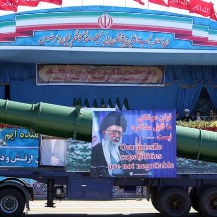 Components of a long-range missile are displayed by Iran's army during a parade marking National Army Day outside Tehran on April 17. Photo: AP