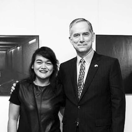 Xyza Bacani with Clifford Hart, US consul general to Hong Kong and Macau. The US consulate is the sponsor of Human Slavery, Bacani’s current solo exhibition. Photo: Lawrence Ng