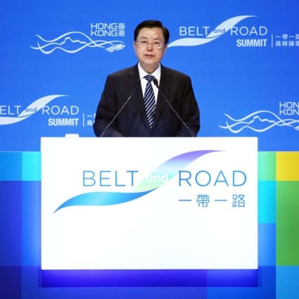 Zhang Dejiang addressing a crowd comprising overseas officials at the Belt and Road summit. Photo: Sam Tsang