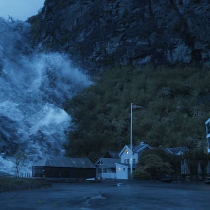 The Akerneset mountain collapses into a fjord, triggering a tsunami, in The Wave (category IIB; Norwegian). The film, directed by Roar Uthaug, stars Kristoffer Joner and Ane Dahl Torp.