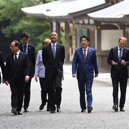 World leaders kicked off two days of G7 talks with a visit to the Shinto religion’s most important shrine on Thursday. Photo: AFP