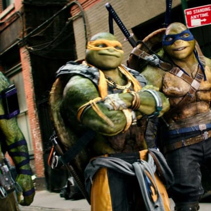 Left to right: Donatello, Michelangelo, Leonardo and Raphael in Teenage Mutant Ninja Turtles: Out of the Shadows (category: IIA). The film stars Megan Fox, Will Arnett, and Tyler Perry, and is directed by Dave Green