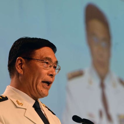 Chinese Admiral Sun Jianguo addresses the Shangri-La Dialogue in Singapore. Photo: AFP