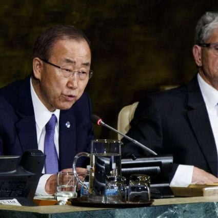 UN Secretary-General Ban Ki-moon (left) speaks as Mogens Lykketoft (right), president of the UN General Assembly, listens at the start of a UN conference on HIV/Aids in New York, on Wednesday. Photo: EPA