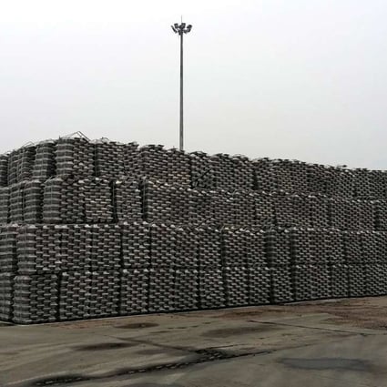 Aluminium ingots are piled up at a bonded storage area at the Dagang Terminal of Qingdao Port, Shandong province. Photo: Reuters