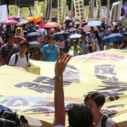 Members of the Alliance for Universal Pensions stage a march in Hong Kong. Photo: K.Y. Cheng